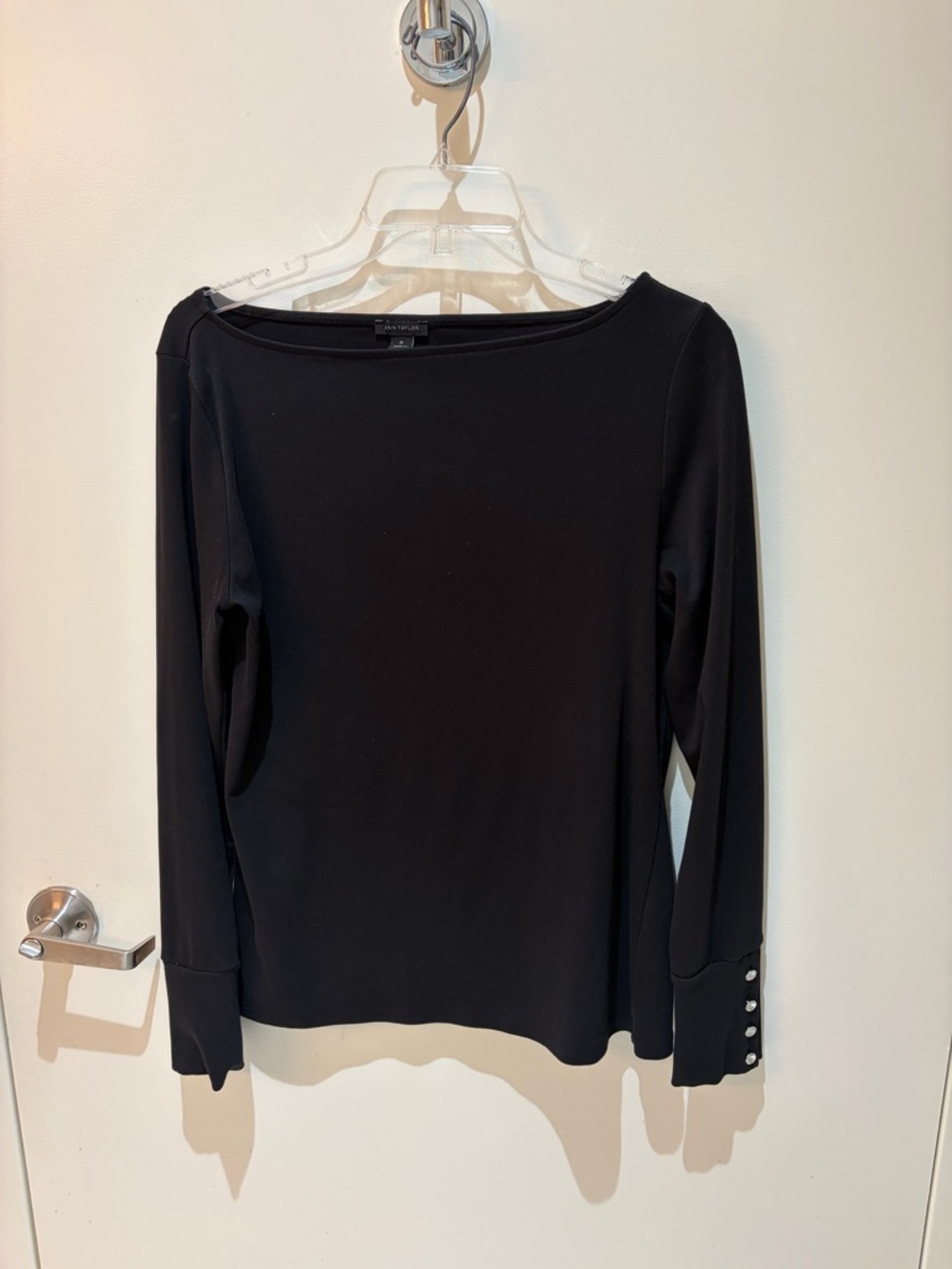 Ann Taylor Black Boatneck Long Sleeve Top with Button Cuffs